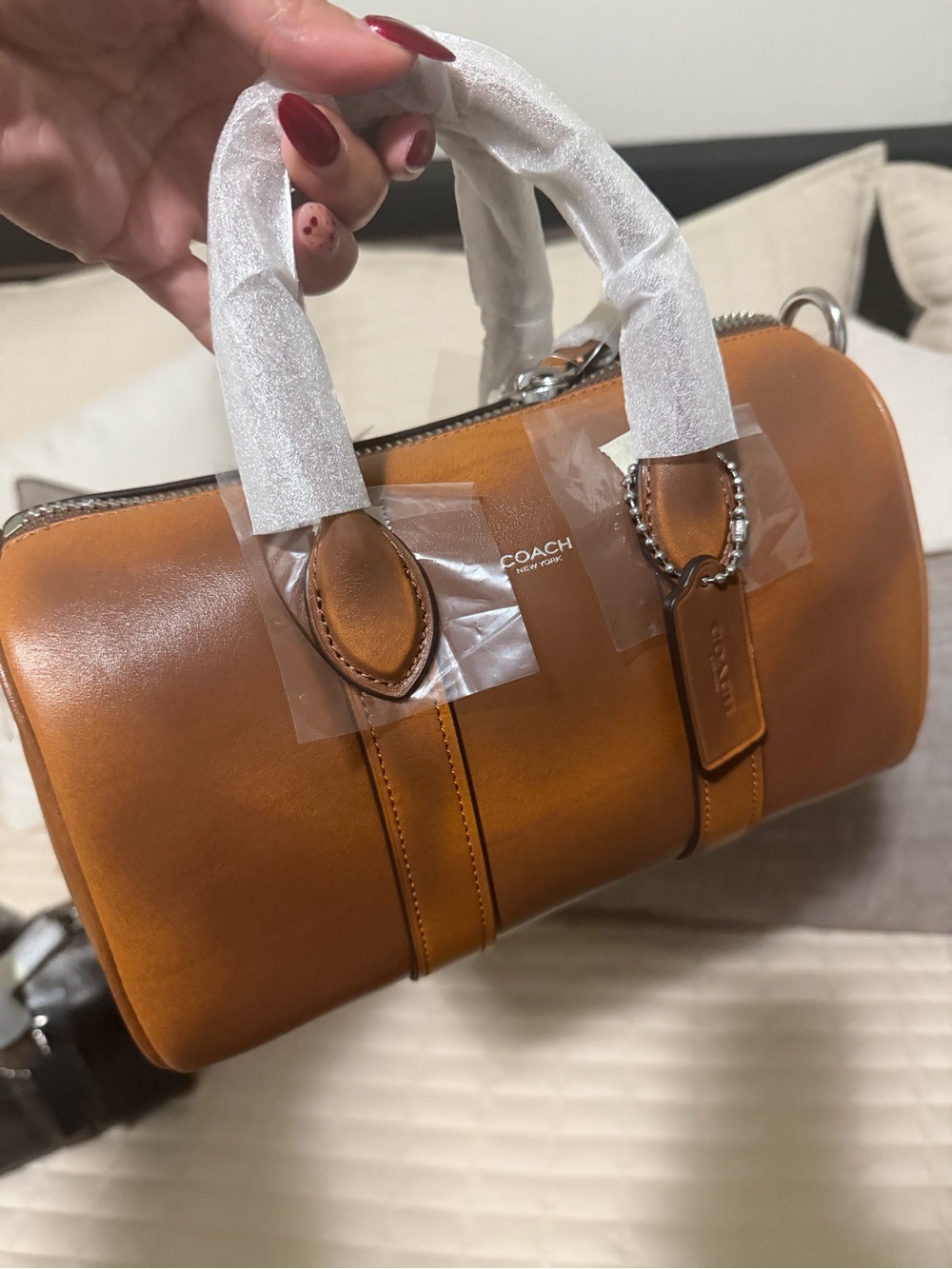 Coach Tan Leather Barrel Bag with Top Handles
